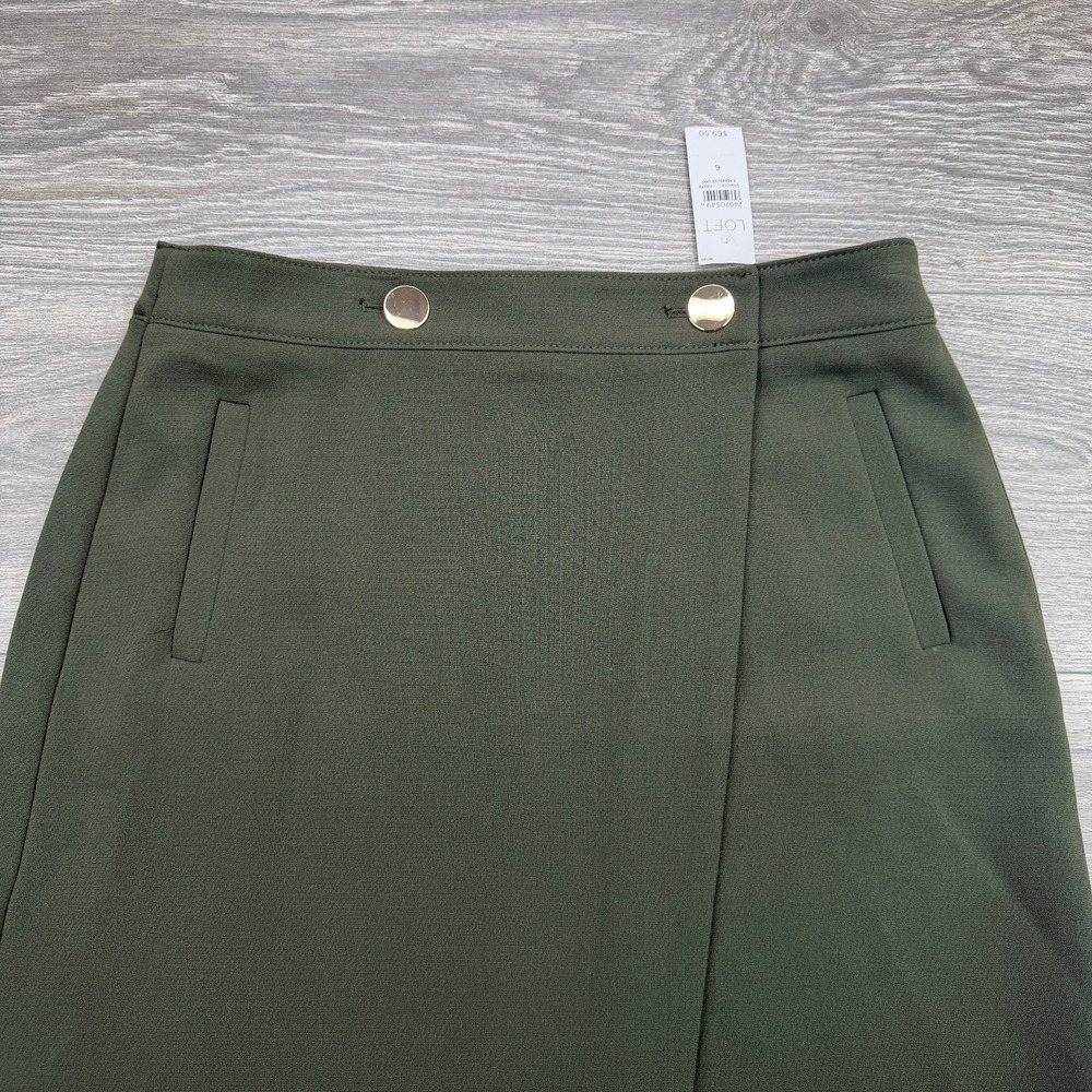 Ann Taylor LOFT Faux Wrap Skirt Womens 6 Olive Green Military Button Front Mini - Picture 2 of 14